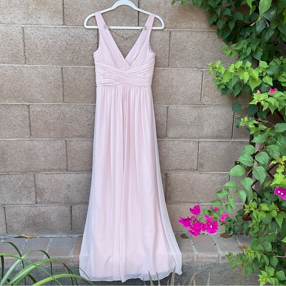 NWT Jenny Packham Dessy Group Chiffon Rhinestone Crystal Maxi Dress Pink JP1005 - Picture 2 of 9